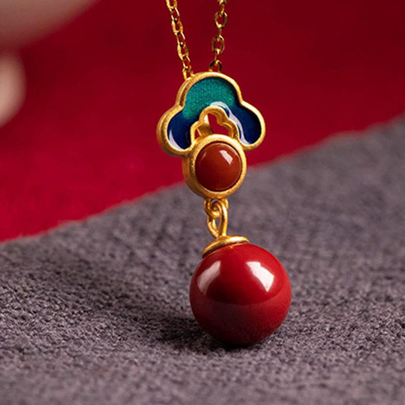 925 Sterling Silver Gold Cinnabar Red Agate Blessing Necklace Ring Earrings Set