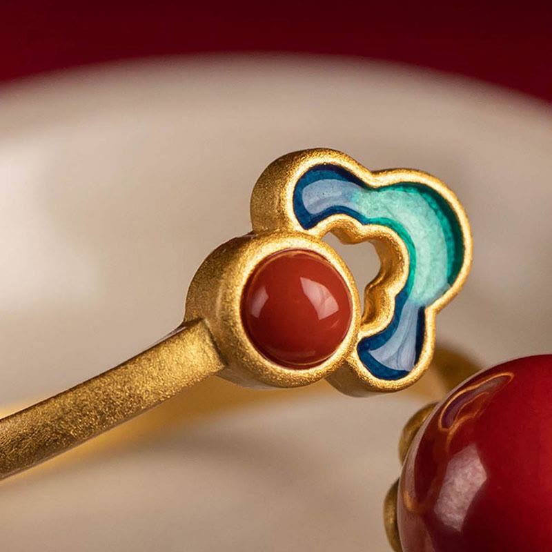 925 Sterling Silver Gold Cinnabar Red Agate Blessing Necklace Ring Earrings Set