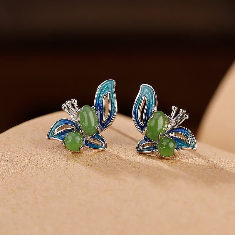 925 Sterling Silver Gold Plated Cyan Jade Butterfly Earrings