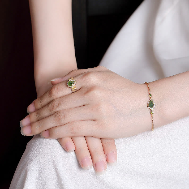 925 Sterling Silver Gold Plated Hetian Jade Gourd Set