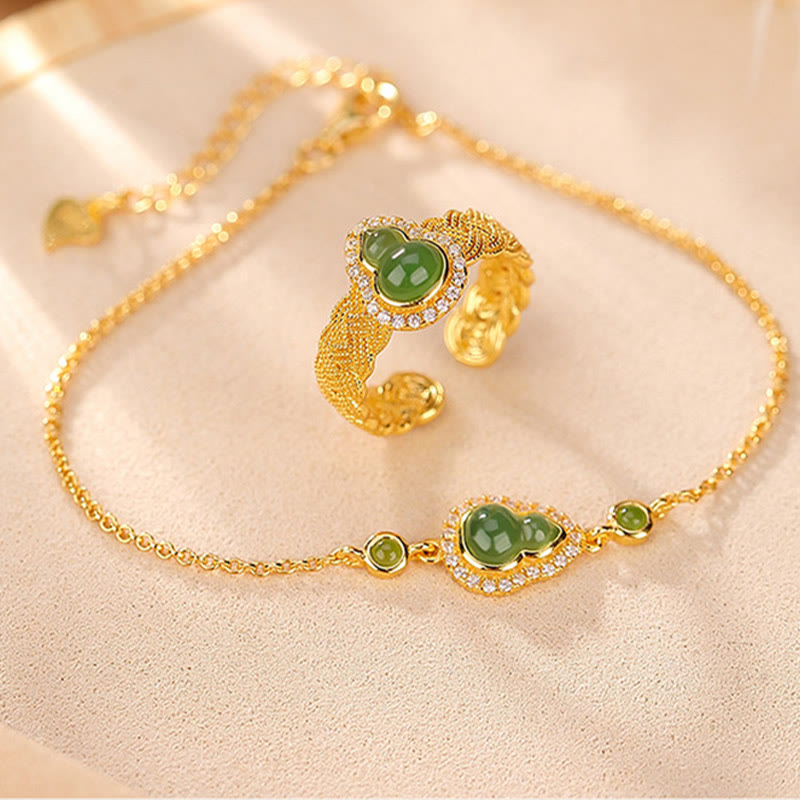 925 Sterling Silver Gold Plated Hetian Jade Gourd Set