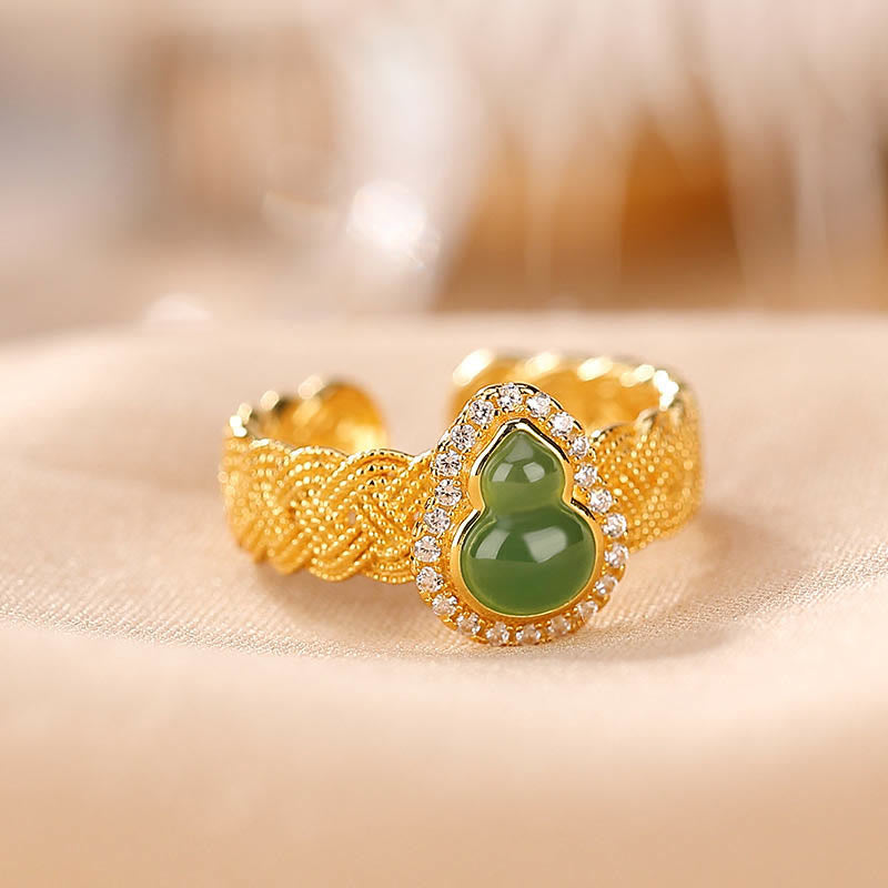 925 Sterling Silver Gold Plated Hetian Jade Gourd Set