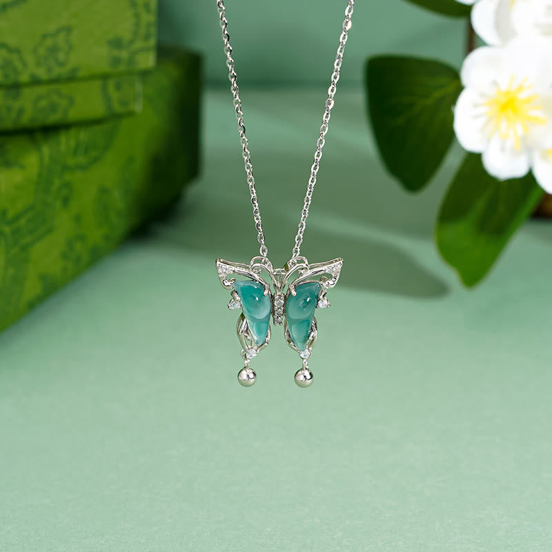 925 Sterling Silver Green Jade Butterfly Luck Necklace