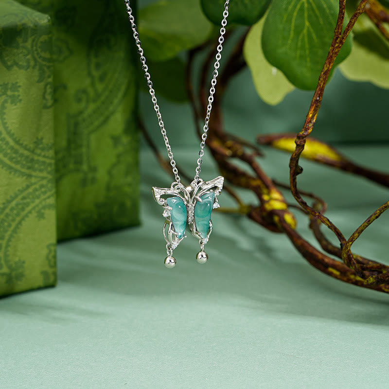 925 Sterling Silver Green Jade Butterfly Luck Necklace