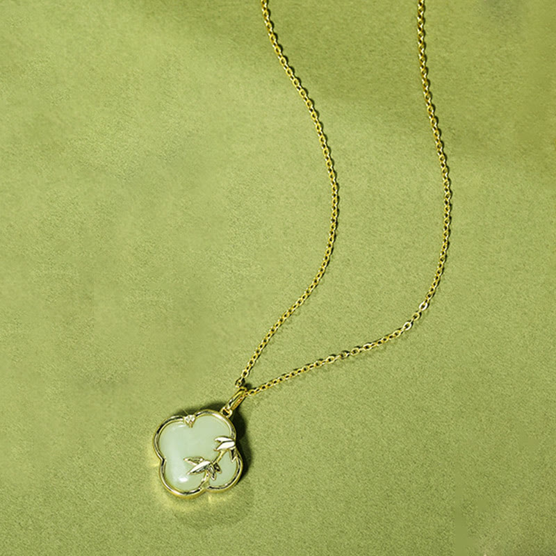 925 Sterling Silver Hetian Jade Four Leaf Clover Bamboo Necklace