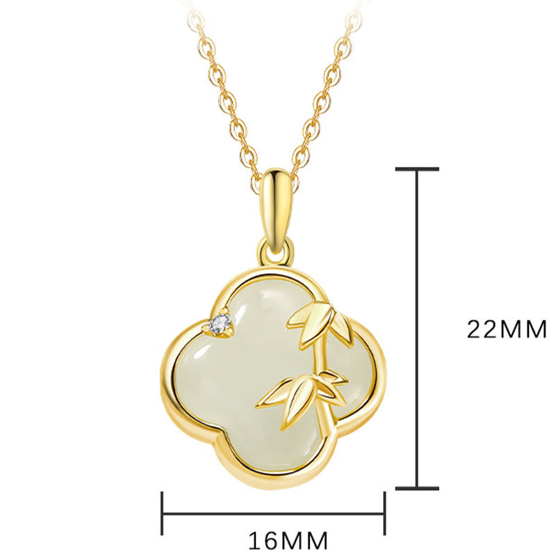 925 Sterling Silver Hetian Jade Four Leaf Clover Bamboo Necklace