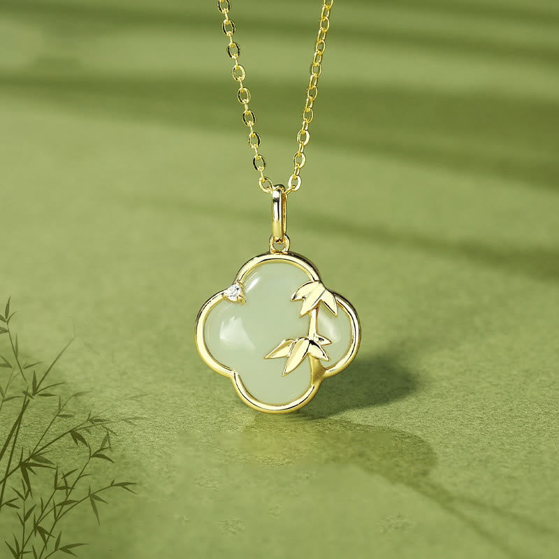 925 Sterling Silver Hetian Jade Four Leaf Clover Bamboo Necklace
