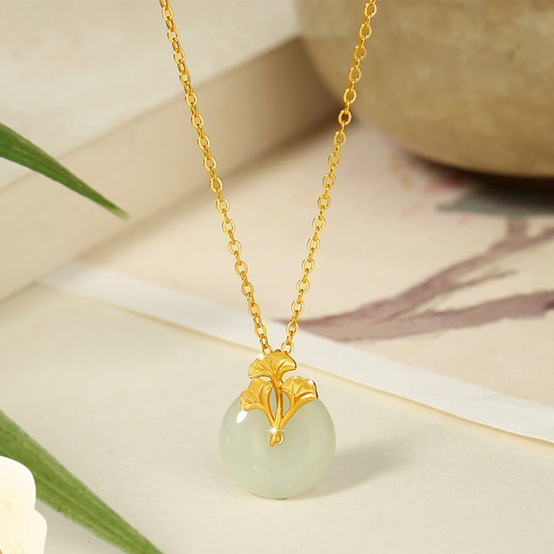 925 Sterling Silver Hetian Jade Ginkgo Leaves Prosperity Necklace