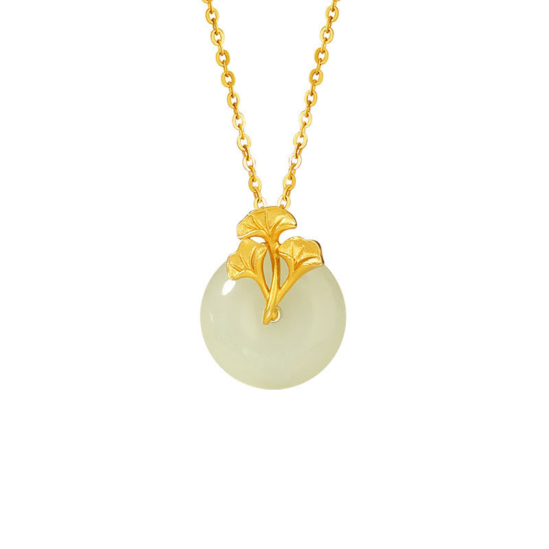 925 Sterling Silver Hetian Jade Ginkgo Leaves Prosperity Necklace