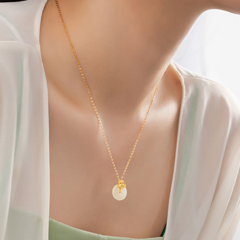 925 Sterling Silver Hetian Jade Ginkgo Leaves Prosperity Necklace