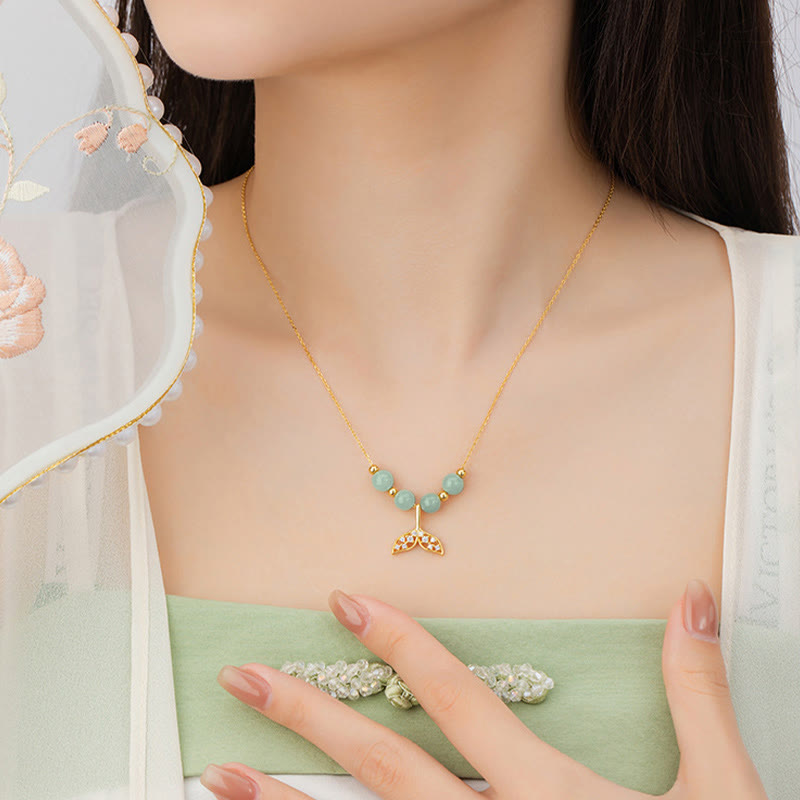 925 Sterling Silver Hetian Jade Luck Fishtail Necklace