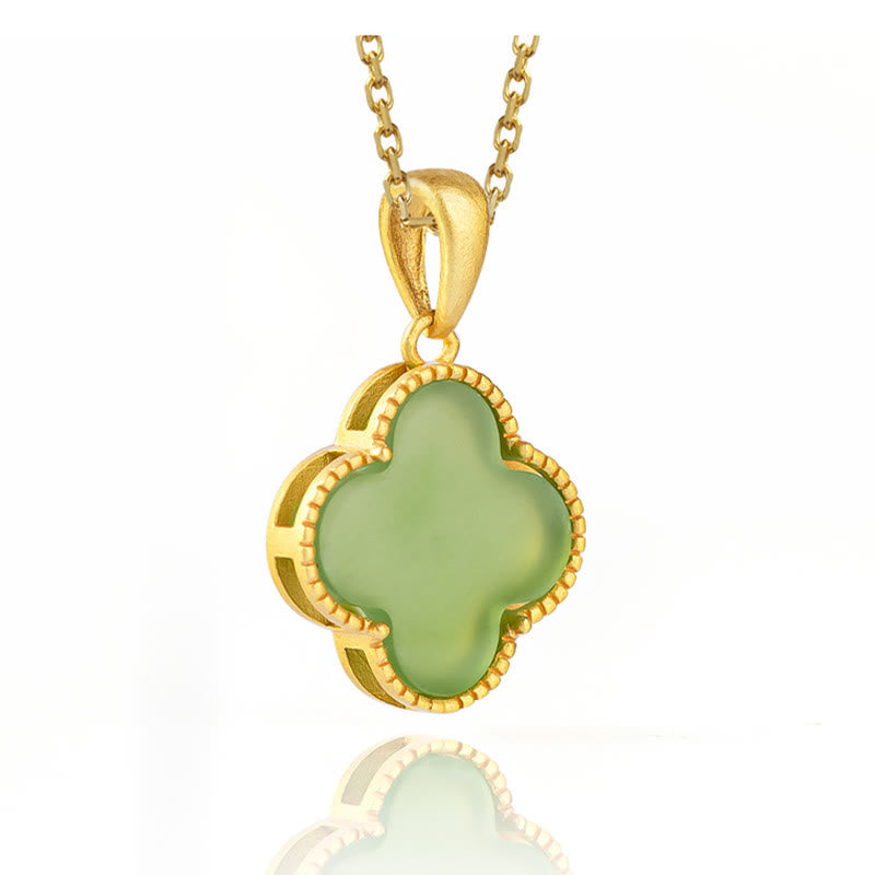 925 Sterling Silver Hetian Jade Luck Four Leaf Clover Necklace