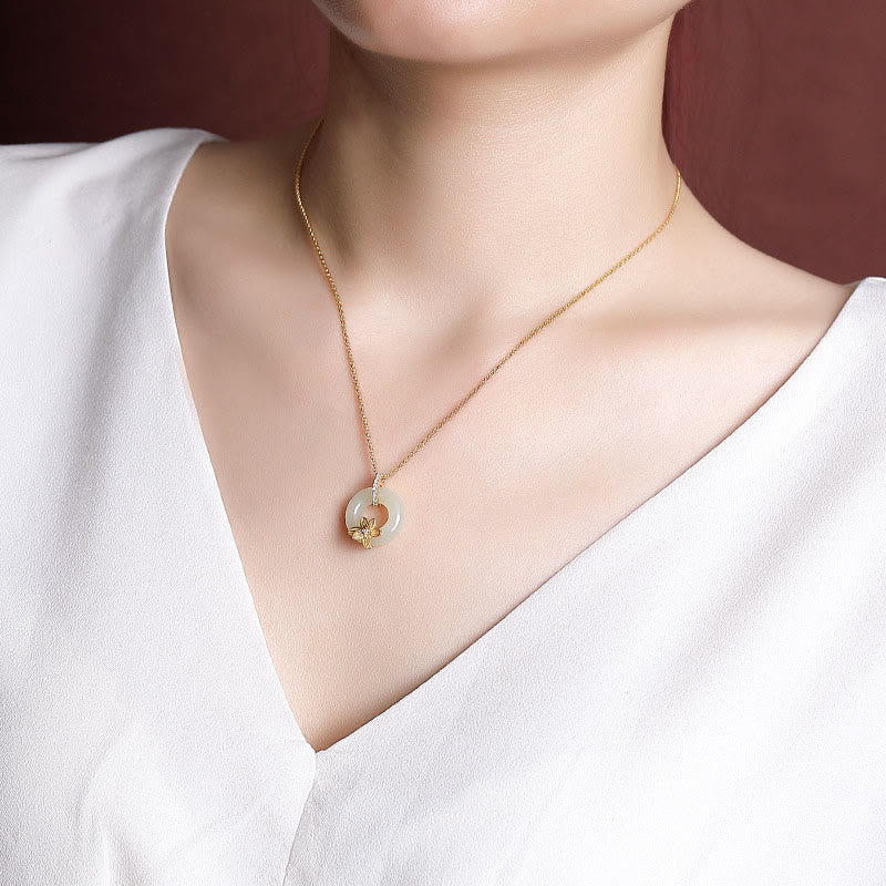 925 Sterling Silver Hetian Jade Peace Buckle Flower Luck Necklace