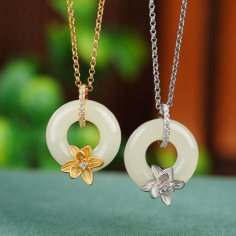 925 Sterling Silver Hetian Jade Peace Buckle Flower Luck Necklace