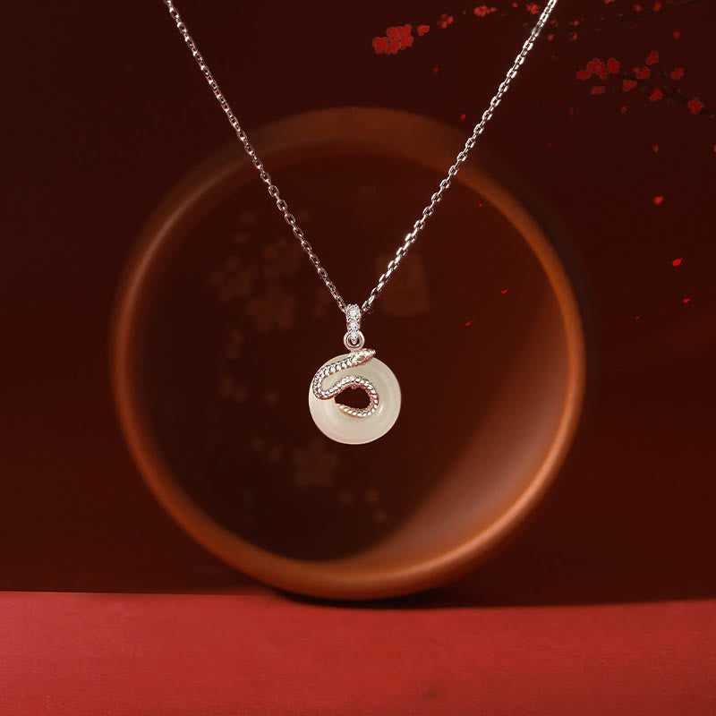 925 Sterling Silver Hetian Jade Peace Buckle Snake Year Necklace