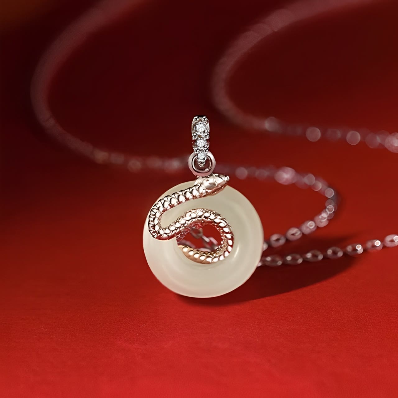 925 Sterling Silver Hetian Jade Peace Buckle Snake Year Necklace