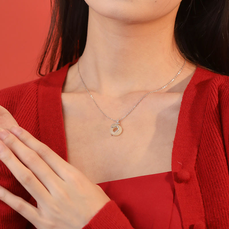 925 Sterling Silver Hetian Jade Peace Buckle Snake Year Necklace