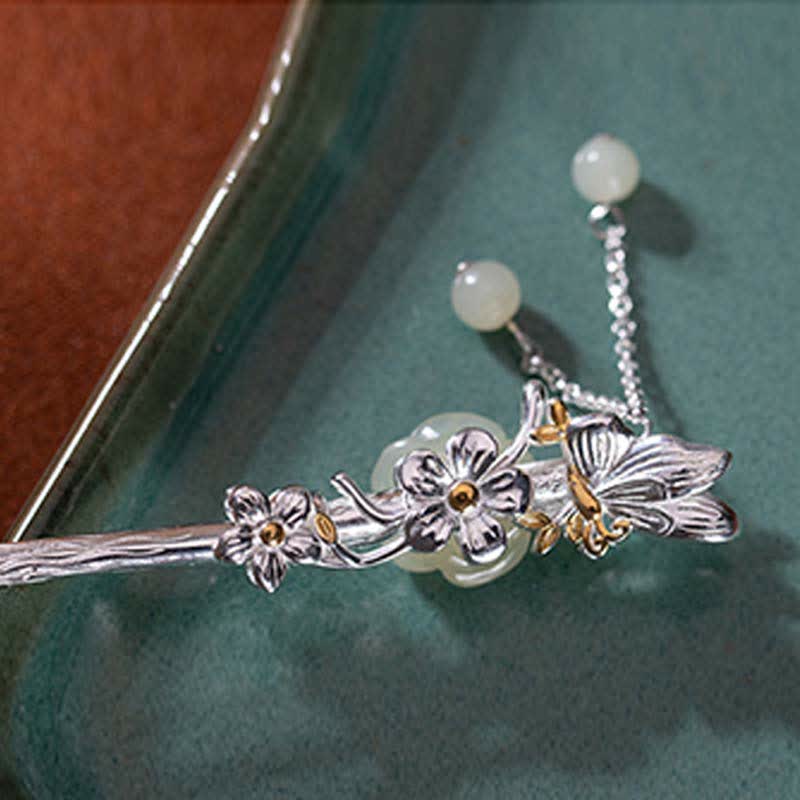925 Sterling Silver Hetian White Jade Flower Blessing Chinese Hairpin