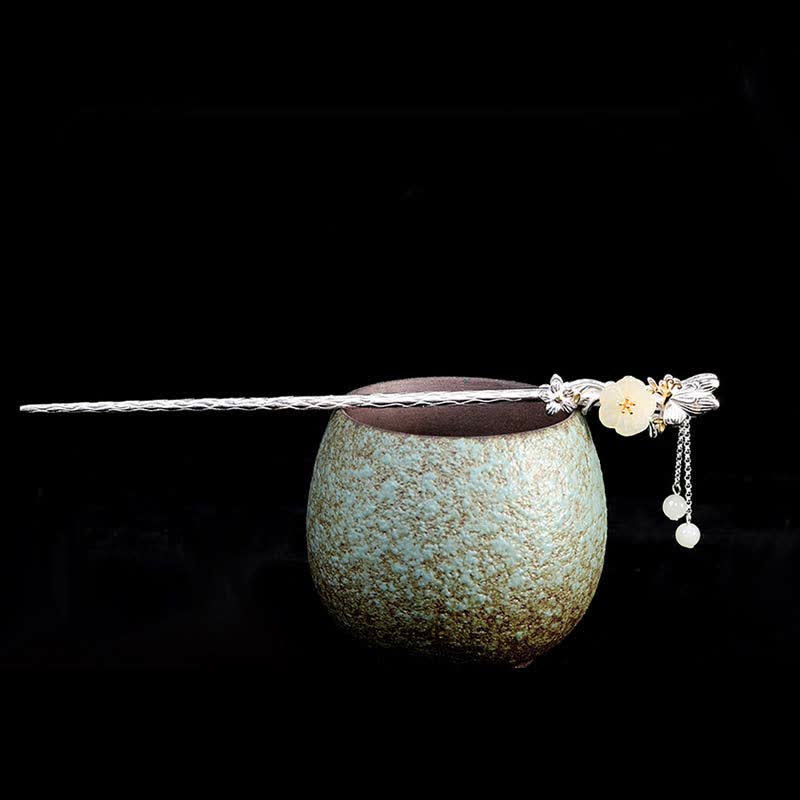 925 Sterling Silver Hetian White Jade Flower Blessing Chinese Hairpin