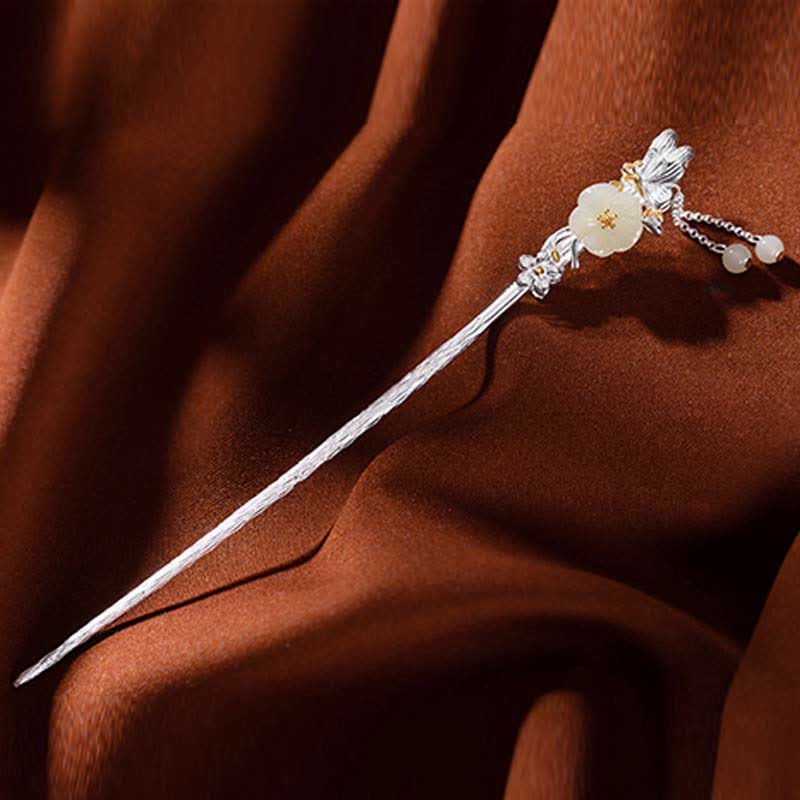 925 Sterling Silver Hetian White Jade Flower Blessing Chinese Hairpin