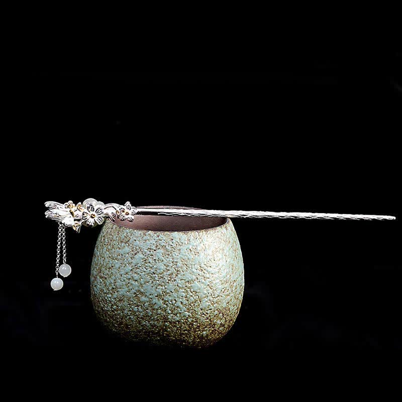 925 Sterling Silver Hetian White Jade Flower Blessing Chinese Hairpin