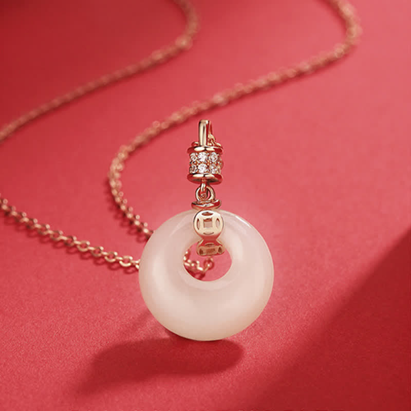 925 Sterling Silver Hetian White Jade Peace Buckle Necklace Unisex