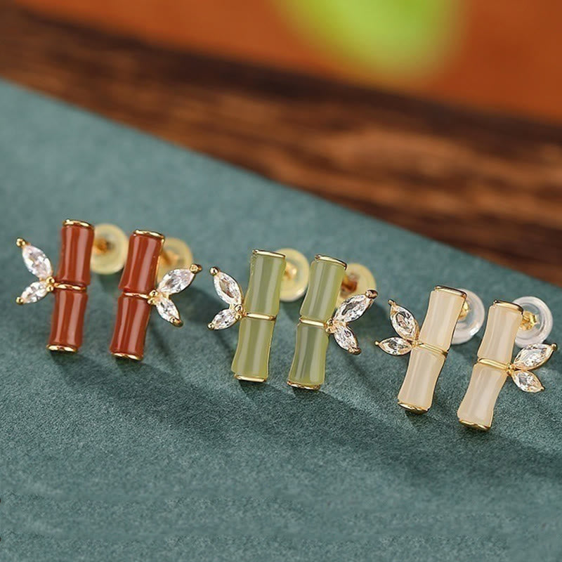 925 Sterling Silver Jade Bamboo Luck Stud Earrings