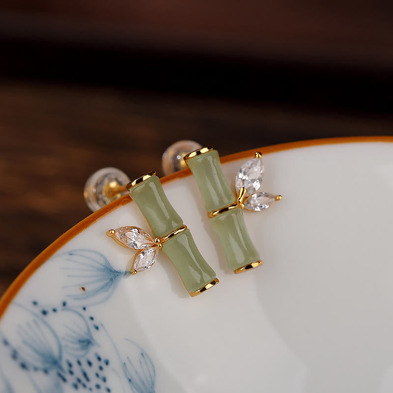 925 Sterling Silver Jade Bamboo Luck Stud Earrings