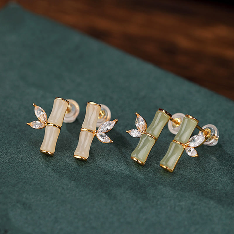 925 Sterling Silver Jade Bamboo Luck Stud Earrings