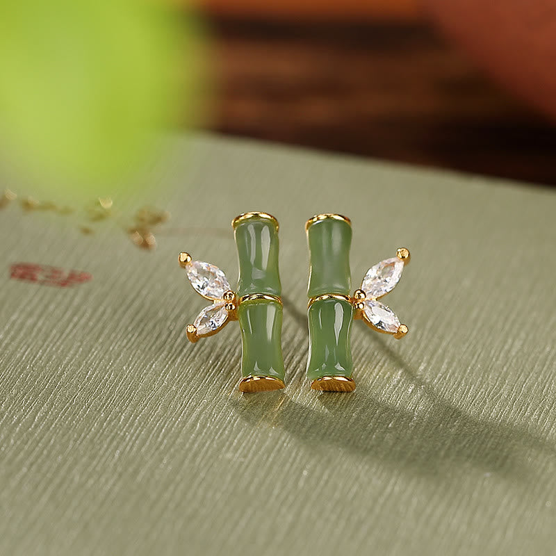 925 Sterling Silver Jade Bamboo Luck Stud Earrings