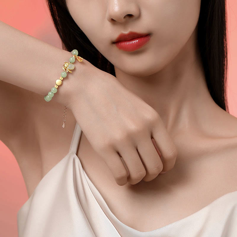 925 Sterling Silver Jade Bracelet with Fu Luck Gourd - Dragon Year