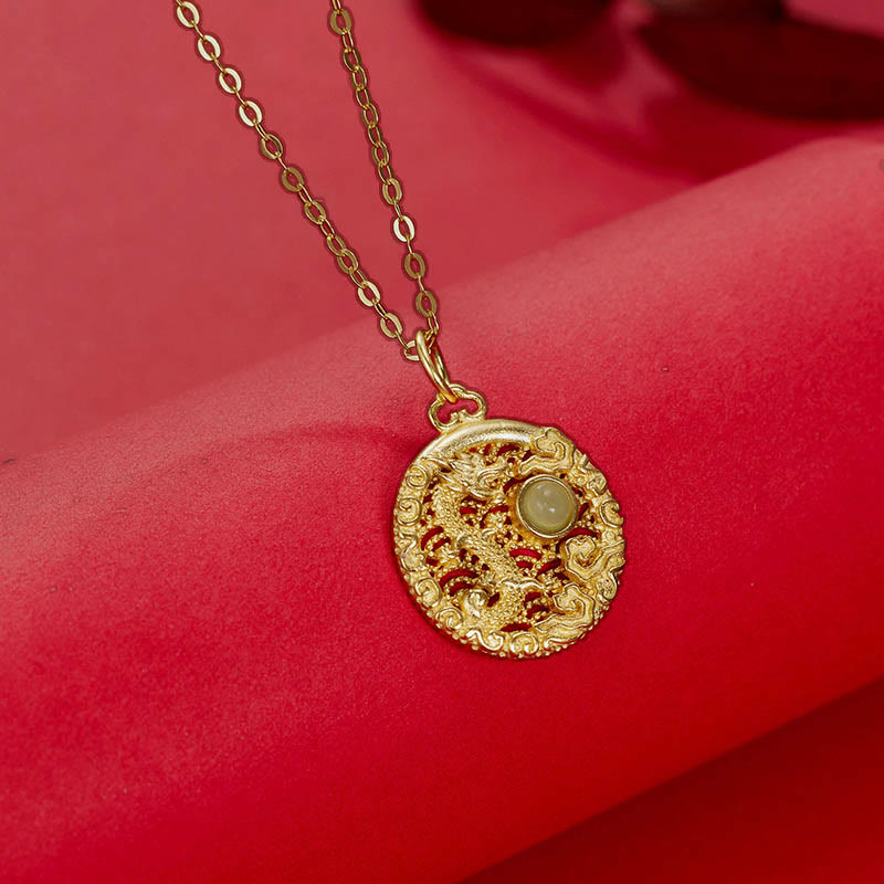 925 Sterling Silver Jade Dragon Necklace with Auspicious Clouds for Protection