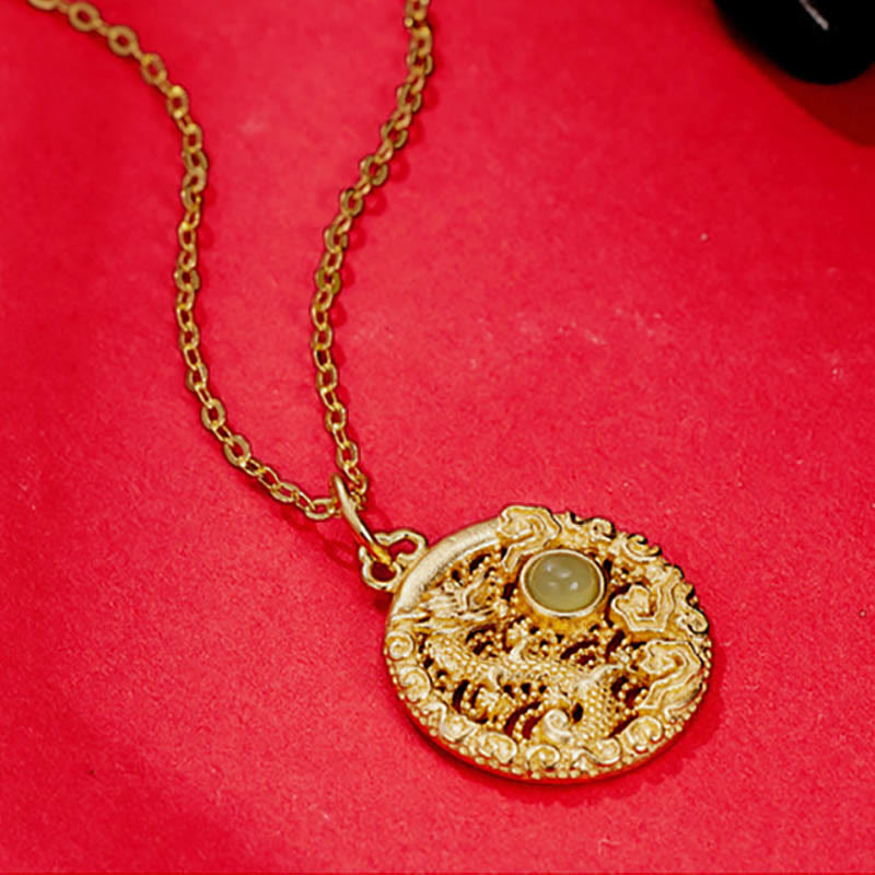925 Sterling Silver Jade Dragon Necklace with Auspicious Clouds for Protection