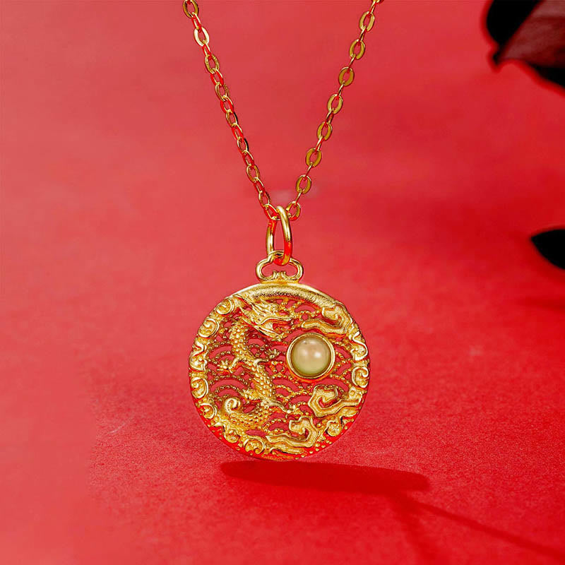 925 Sterling Silver Jade Dragon Necklace with Auspicious Clouds for Protection