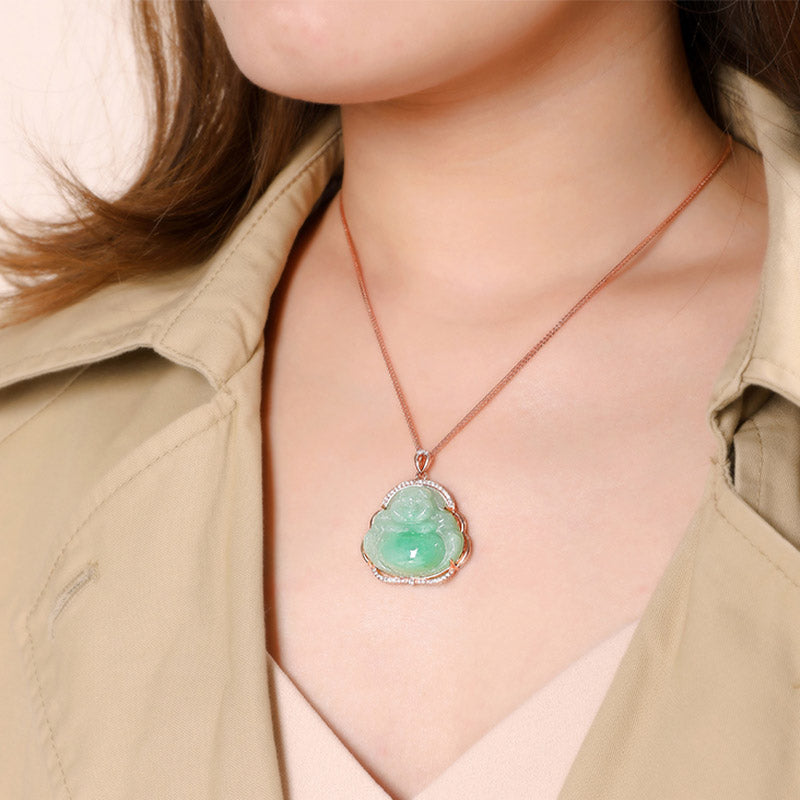 925 Sterling Silver Jade Laughing Buddha Prosperity Necklace