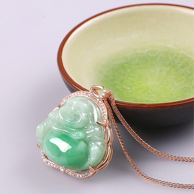925 Sterling Silver Jade Laughing Buddha Prosperity Necklace
