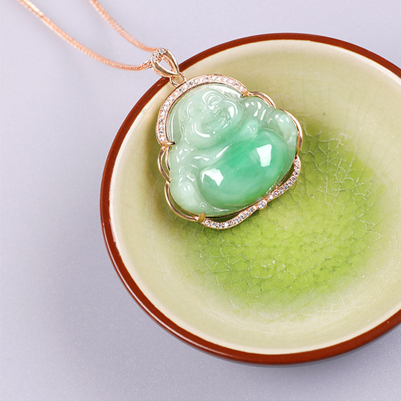 925 Sterling Silver Jade Laughing Buddha Prosperity Necklace