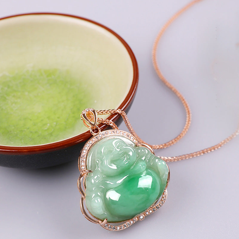 925 Sterling Silver Jade Laughing Buddha Prosperity Necklace