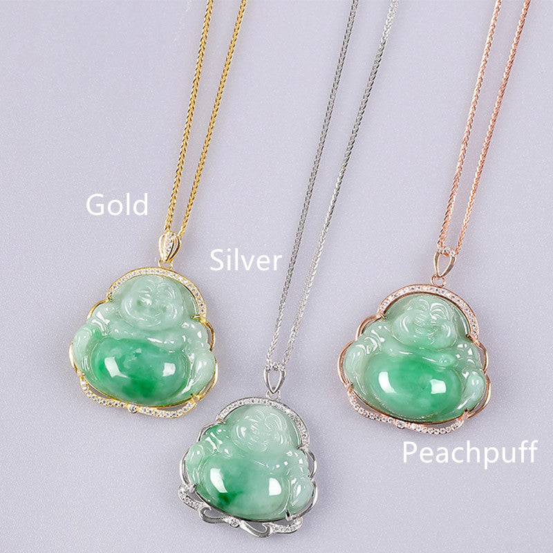 925 Sterling Silver Jade Laughing Buddha Prosperity Necklace