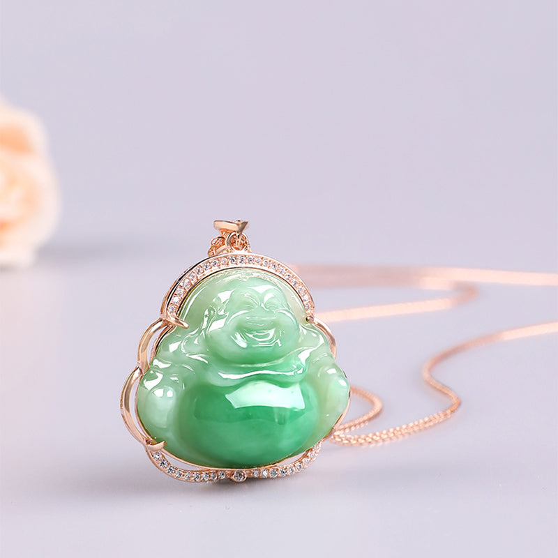 925 Sterling Silver Jade Laughing Buddha Prosperity Necklace