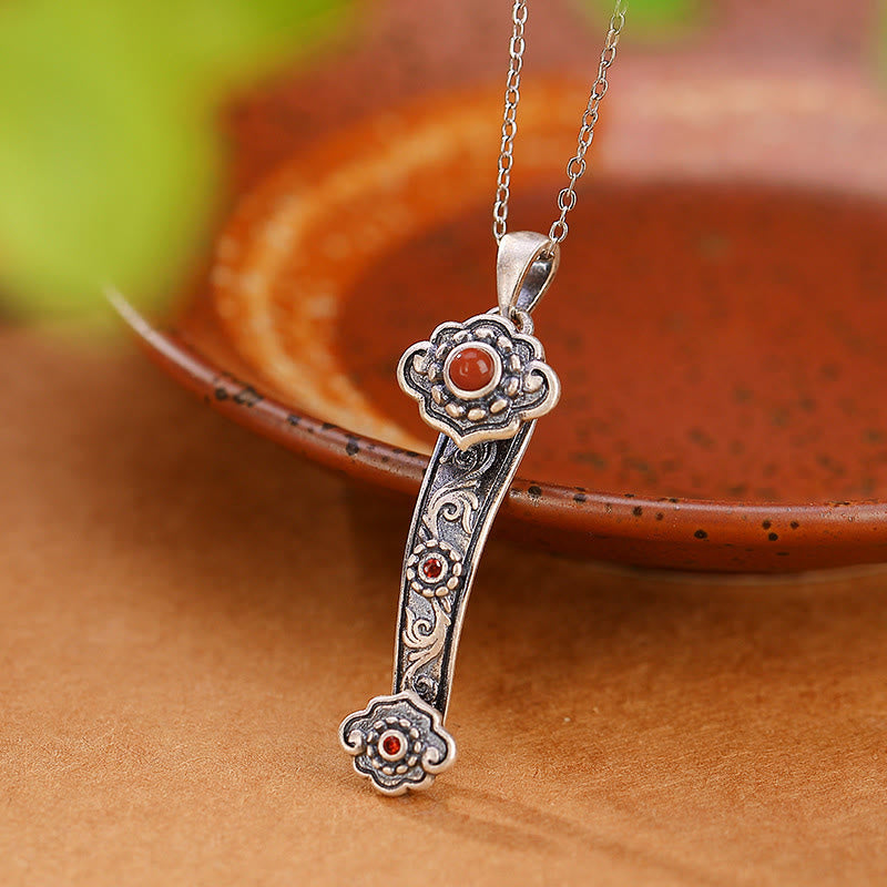 925 Sterling Silver Jade Necklace with Ruyi Handle for Blessings