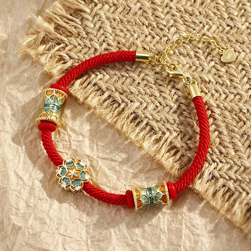 925 Sterling Silver Lotus Drum Bracelet with Red Rope | New Beginnings