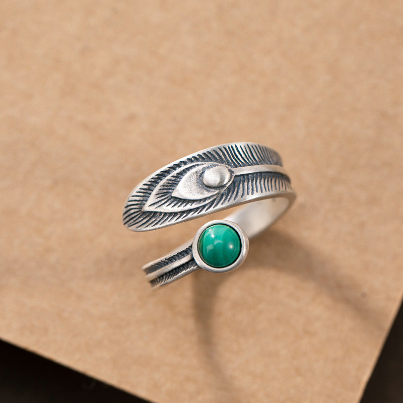 925 Sterling Silver Malachite Protection Ring with Feather Design