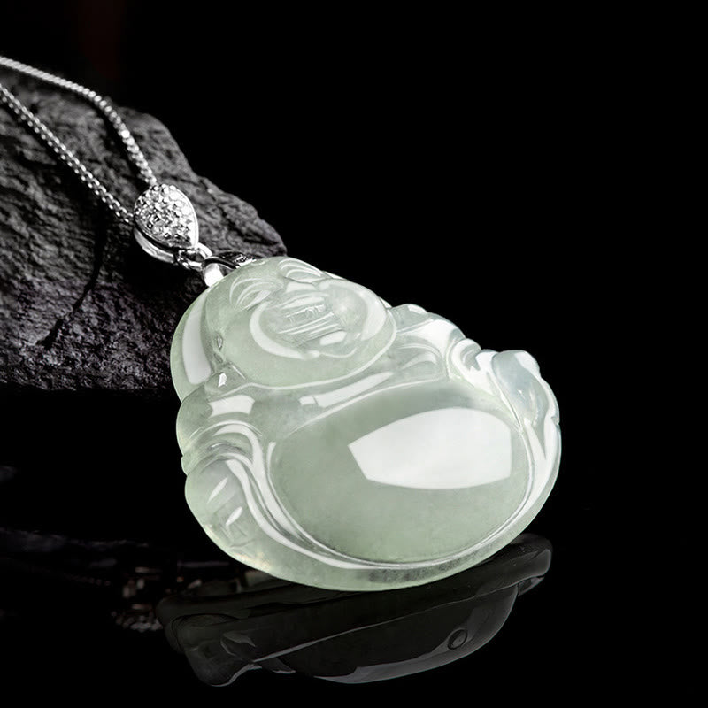 925 Sterling Silver Natural Jade Laughing Buddha Prosperity Necklace