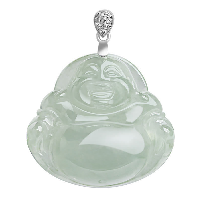 925 Sterling Silver Natural Jade Laughing Buddha Prosperity Necklace
