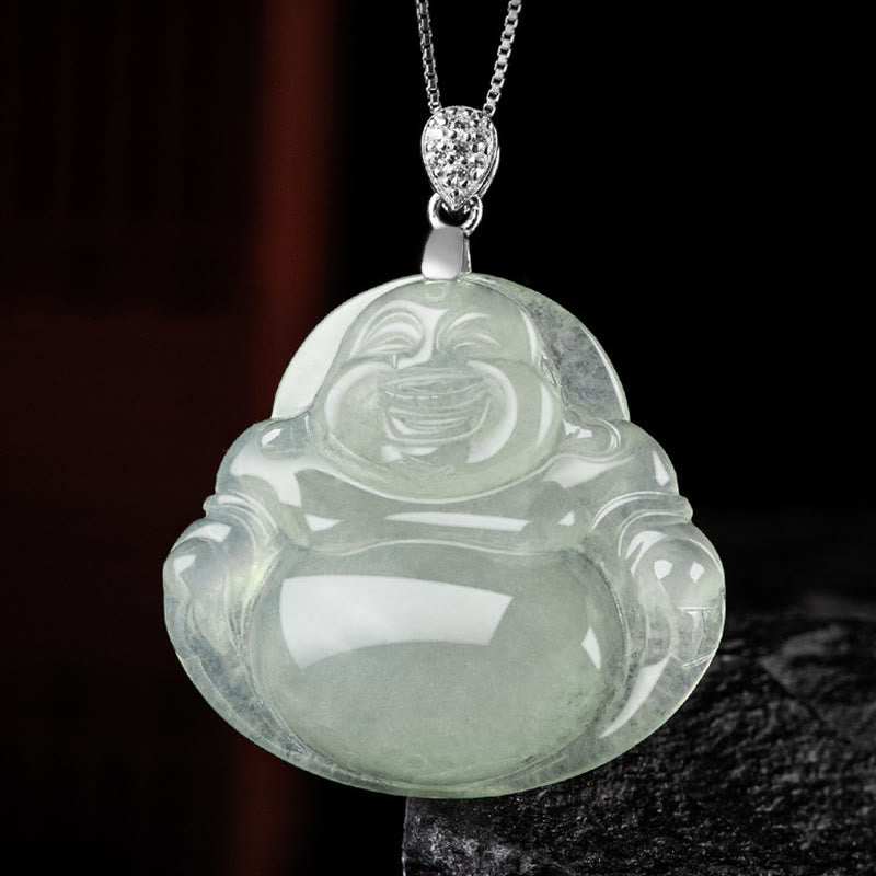 925 Sterling Silver Natural Jade Laughing Buddha Prosperity Necklace