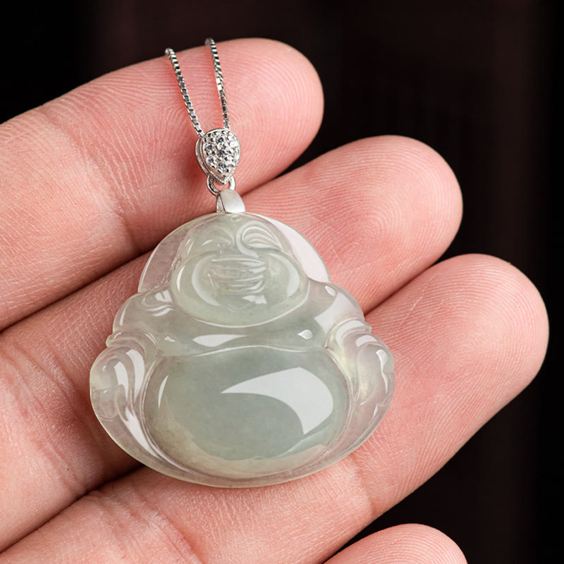 925 Sterling Silver Natural Jade Laughing Buddha Prosperity Necklace