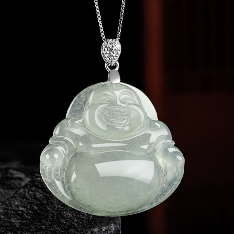 925 Sterling Silver Natural Jade Laughing Buddha Prosperity Necklace
