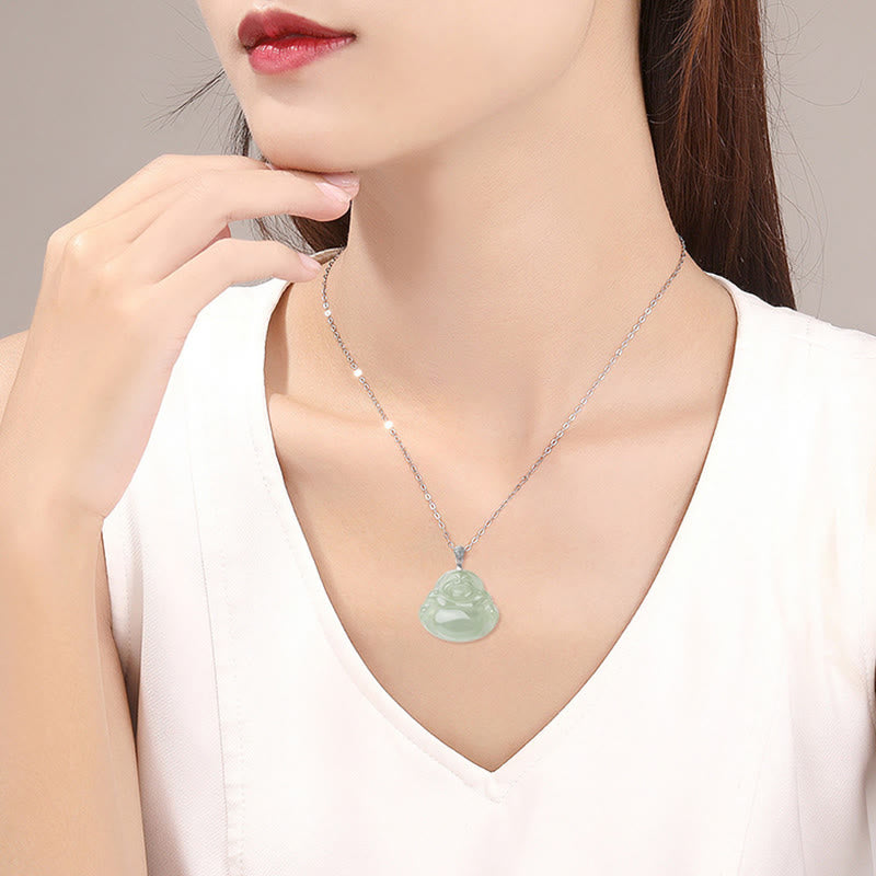 925 Sterling Silver Natural Jade Laughing Buddha Prosperity Necklace