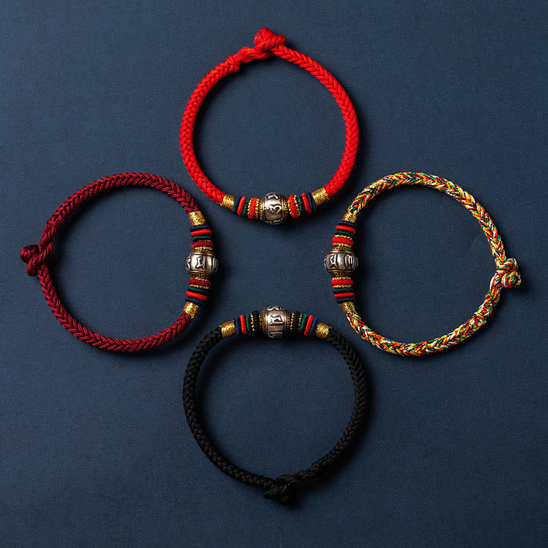 925 Sterling Silver Om Mani Padme Hum Braided Bracelet with King Kong Knot for Luck and Protection